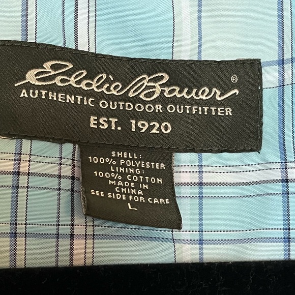 Eddie Bauer Hooded Jacket Womens SZ Large Full Zip Blue Plaid Pocket On Sleeve - Picture 6 of 9